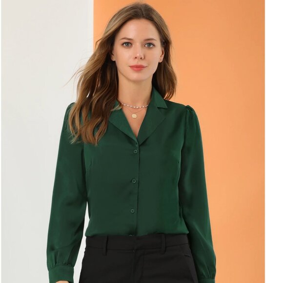 Elegant Collar Blouse Long Sleeve Work Office Satin Button Down Shirt - Picture 1 of 7